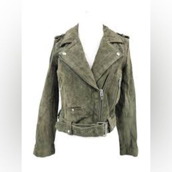 BlankNYC XSmall Olive Green Suede Moto Jacket Real Leather Belted Zippers - Picture 9 of 15